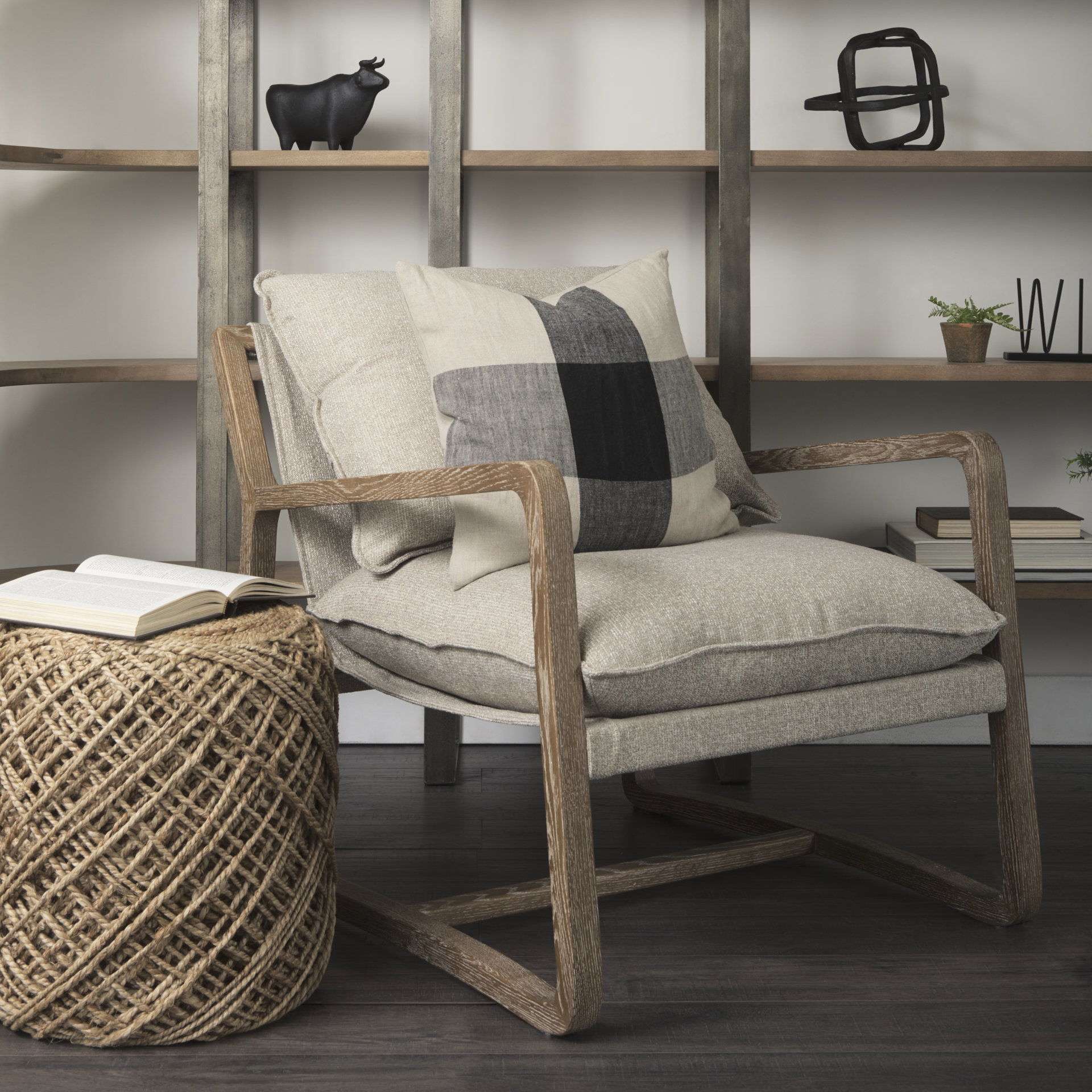 Raquel 18L x 18W Beige and Black Fabric Plaid Decorative Pillow Cover, by Mercana, 18" length x 18" width x 0.2" height View 3