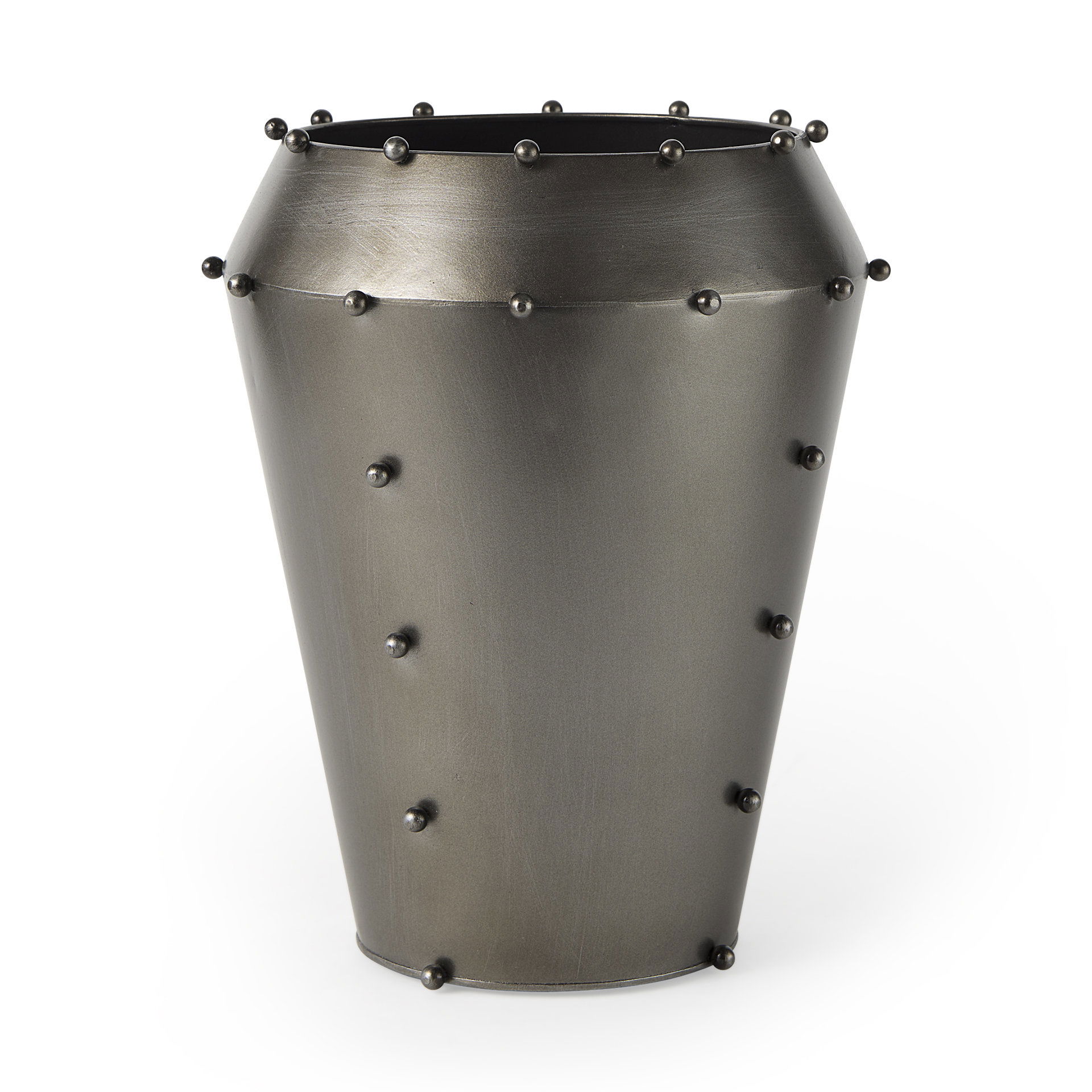 Elio 12.2H Large Gun Metal Gray Metal with Studs Vase, by Mercana, 9.84" length x 9.84" width x 12.2" height View 1