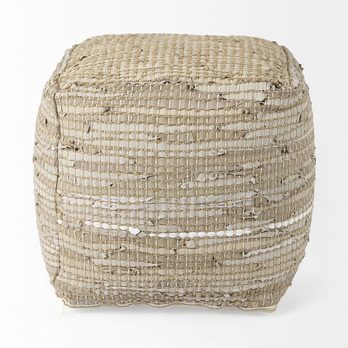 Aalia  Beige Leather and Jute Pouf