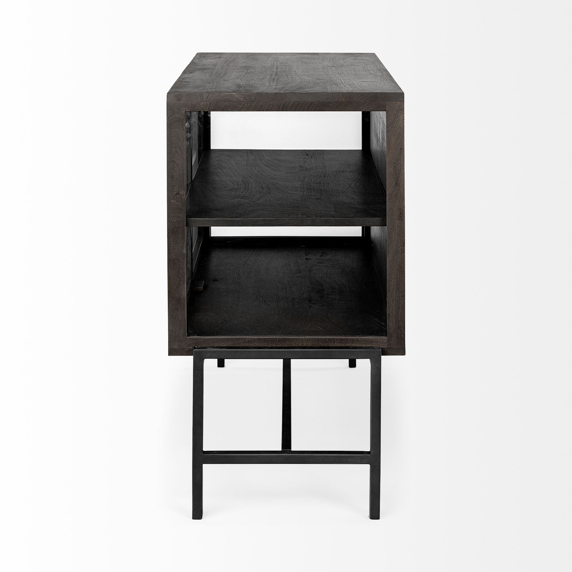 Arelius  36L x 18W Black-Brown Wood, Black Metal Base with 2 Glass Doors Accent Cabinet, Cabinets & Chest by Mercana, 36" length x 18" width x 32" height View 7