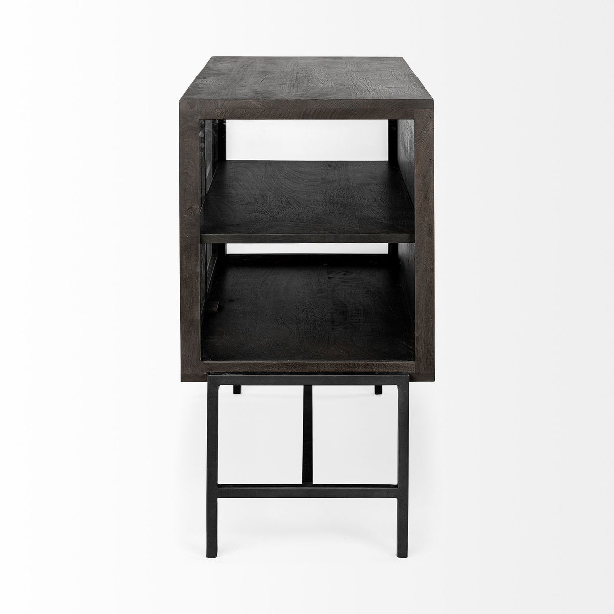 Arelius  36L x 18W Black-Brown Wood, Black Metal Base with 2 Glass Doors Accent Cabinet, Cabinets & Chest by Mercana, 36" length x 18" width x 32" height View 7