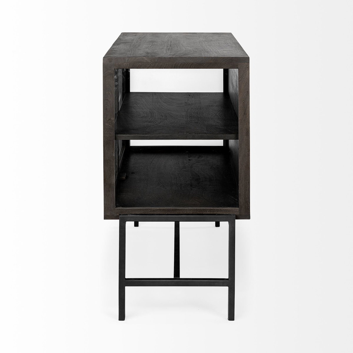 Arelius  36L x 18W Black-Brown Wood, Black Metal Base with 2 Glass Doors Accent Cabinet, Cabinets & Chest by Mercana, 36" length x 18" width x 32" height View 7