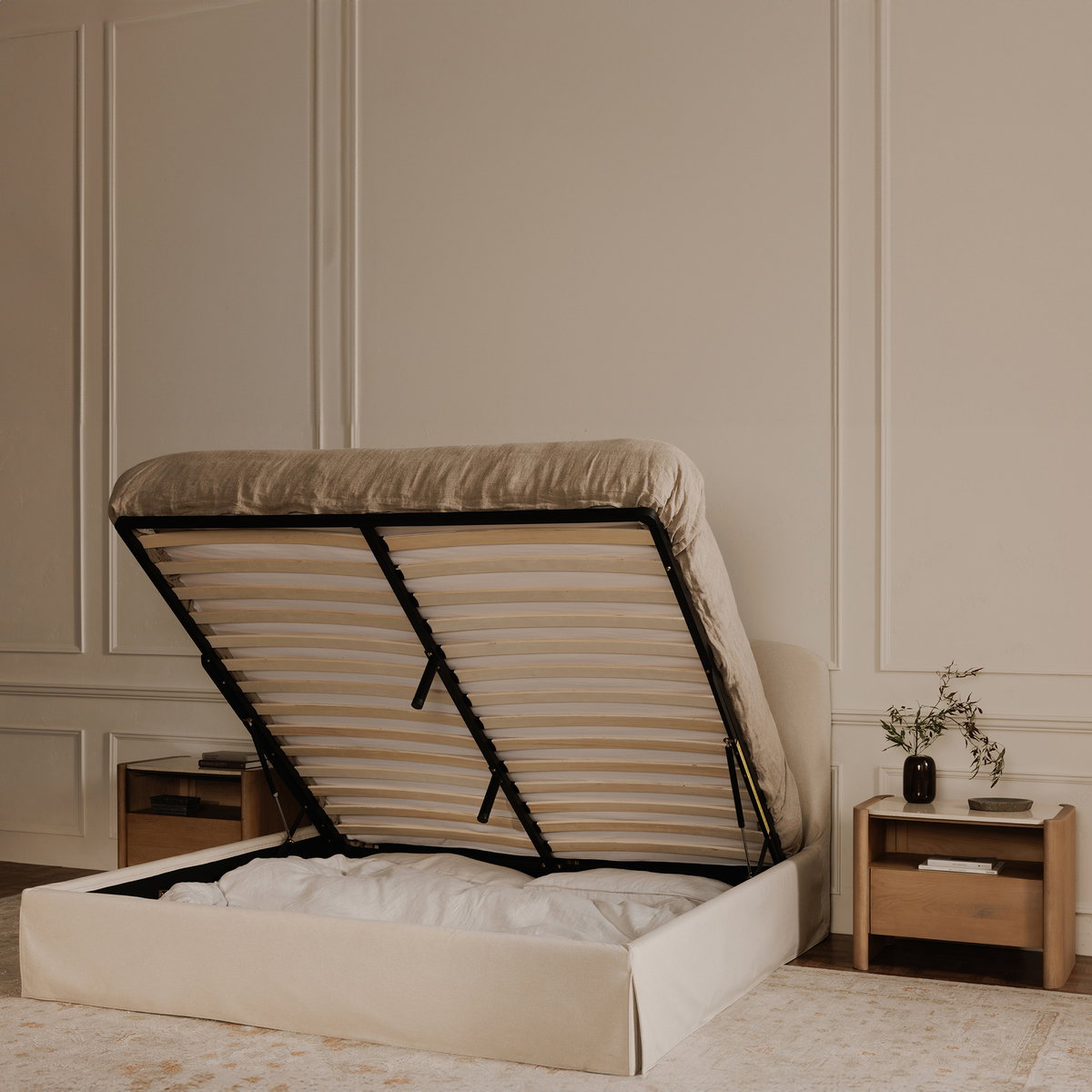 Joan Queen Storage Bed Cream, by Moe's Home, 5'6.25" width x 3'9" height x 7'2" depth View 11