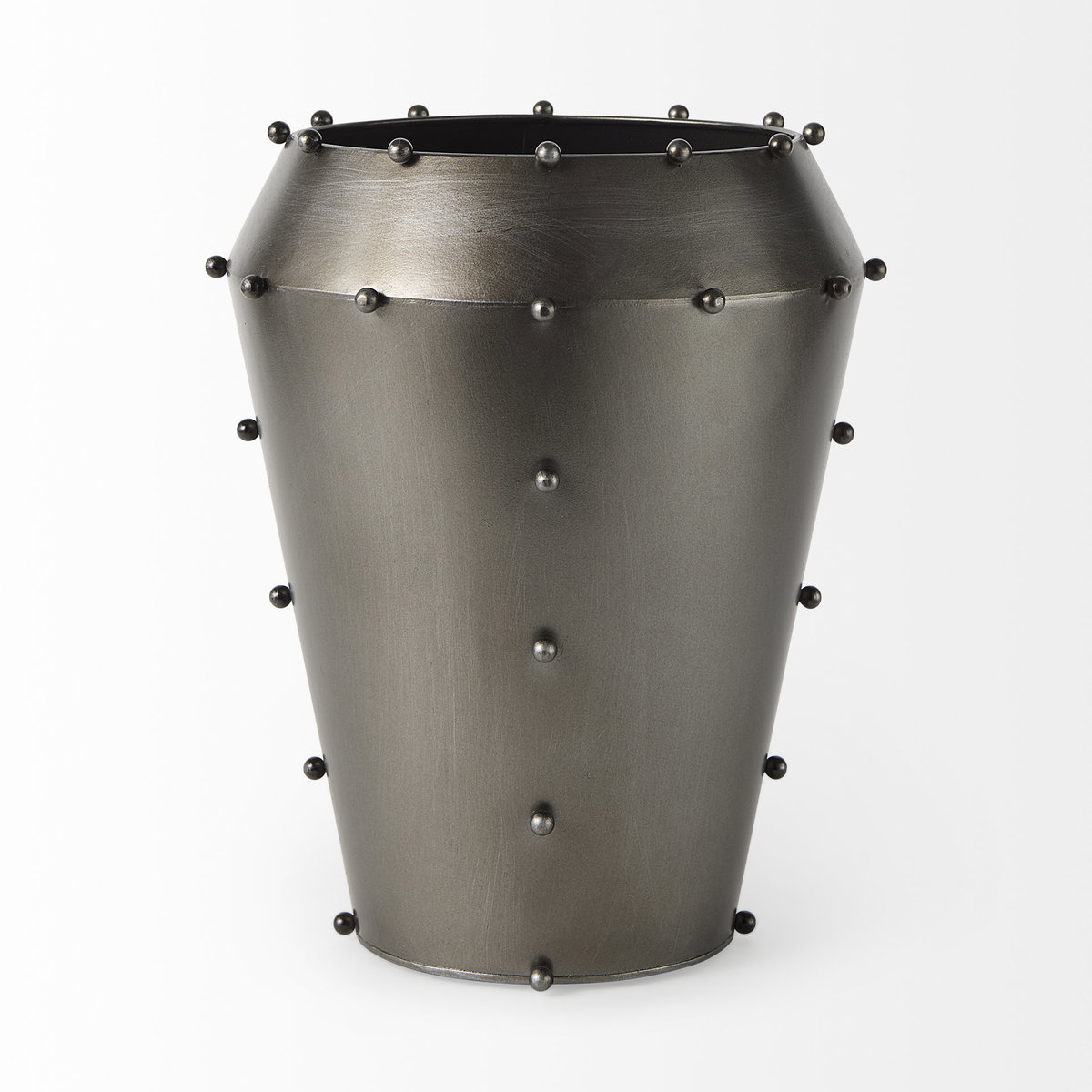 Elio 12.2H Large Gun Metal Gray Metal with Studs Vase, by Mercana, 9.84" length x 9.84" width x 12.2" height View 3