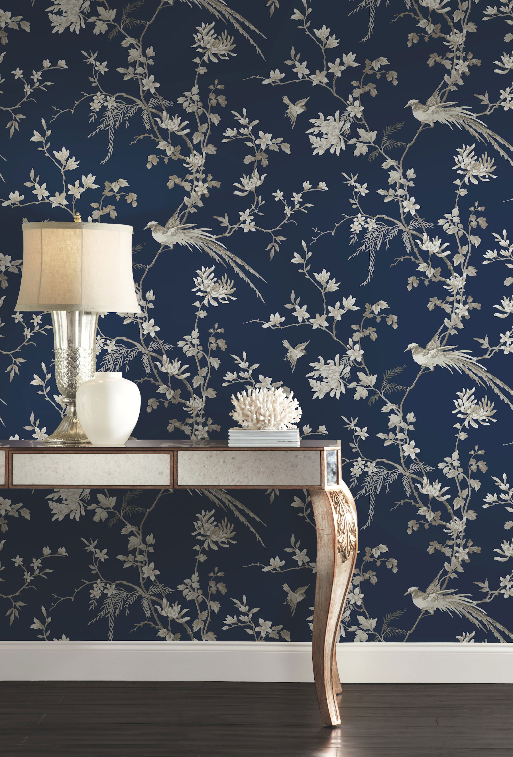 Bird & Blossom Chinoserie Blue Wallpaper large image 
