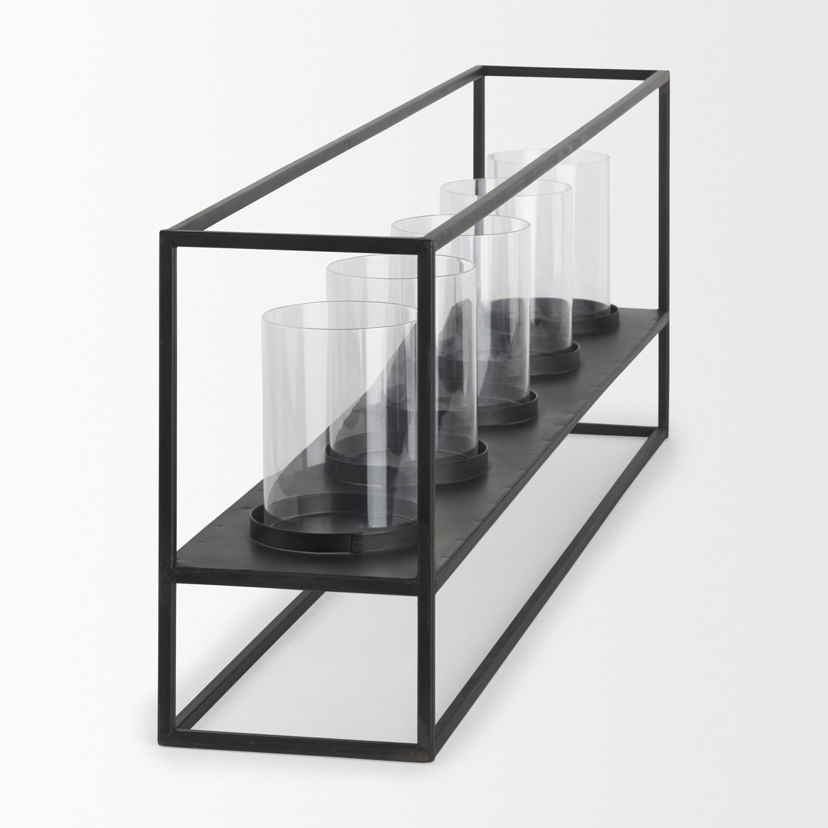 Cindy 5 Candle Matte Black Metal Hurricane Glass Tabletop Candle Holder, Candles & Candle Holder by Mercana, 26.97" length x 4.92" width x 9.06" height View 5
