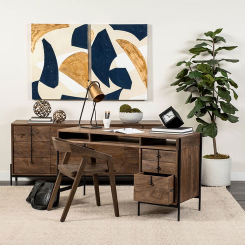 Glenn VII 56L x 22W Dark Brown Wood with Black Iron Frame, 3 Drawer Office Desk