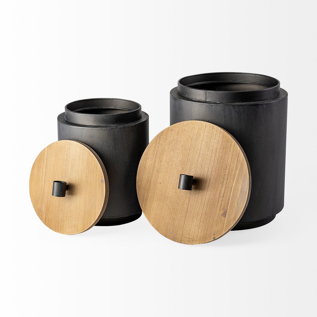 Cyril (Set of 2) Gray Metal with Brown Wood Lids Jars, Decorative Jar by Mercana, 9.06" length x 9.06" width x 12.8" height View 6