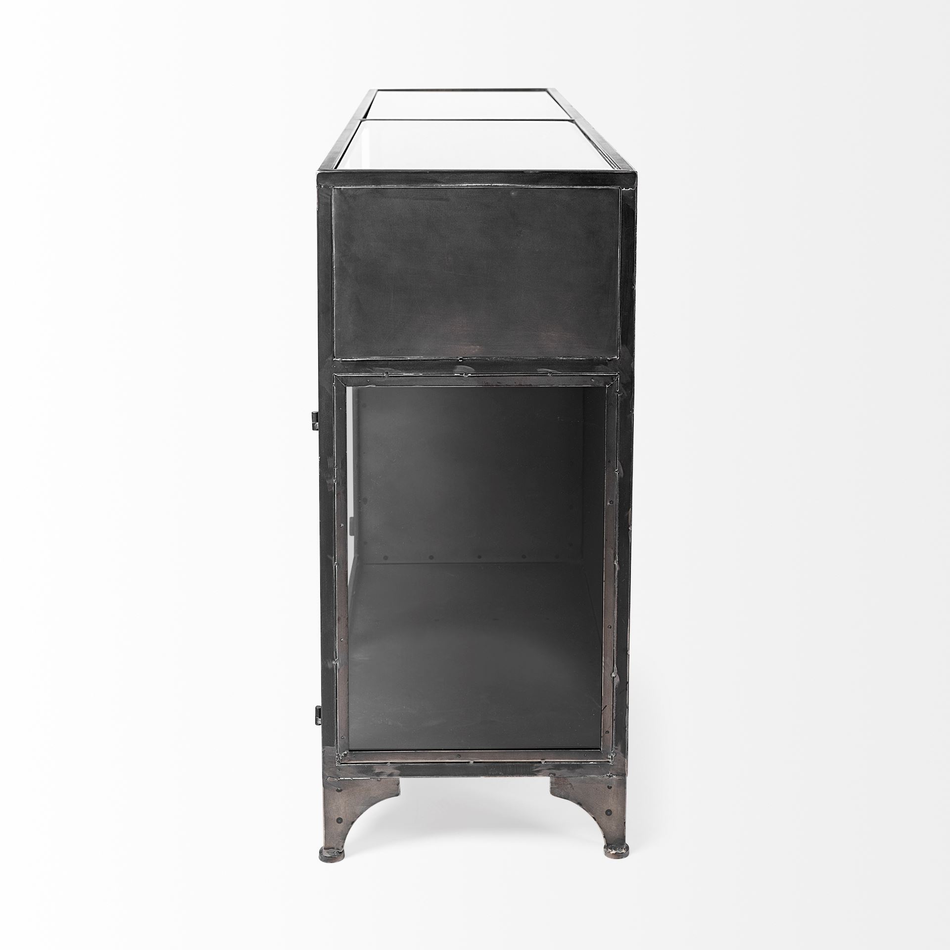 Pender 63' L Black Metal Glass Door Display Cabinet, Cabinets & Sideboard by Mercana, 63" length x 17.25" width x 36" height View 5