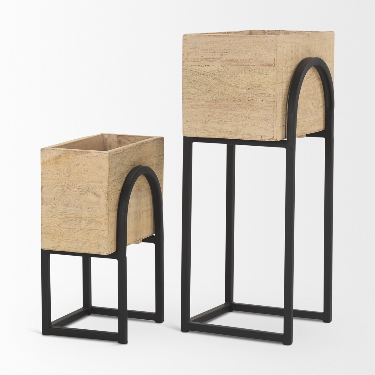 Jadine Set of 2  Beige Wood with Black Metal Arch Frames, Planter by Mercana, 15" length x 12" width x 29.5" height View 6
