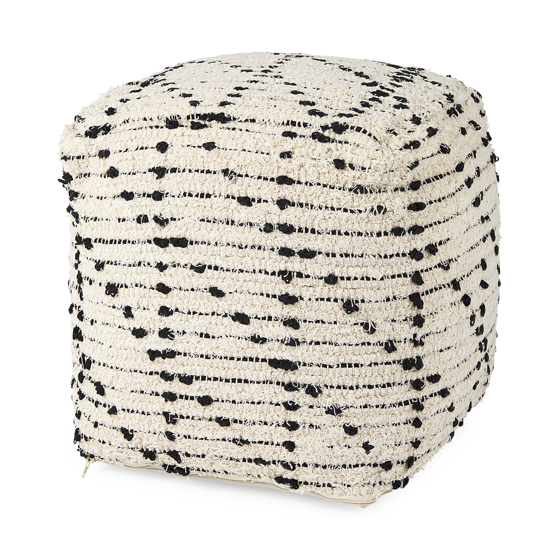 Aarohi  Cream/Black Cotton Patterned Pouf, Ottoman by Mercana, 16" length x 16" width x 16" height View 1