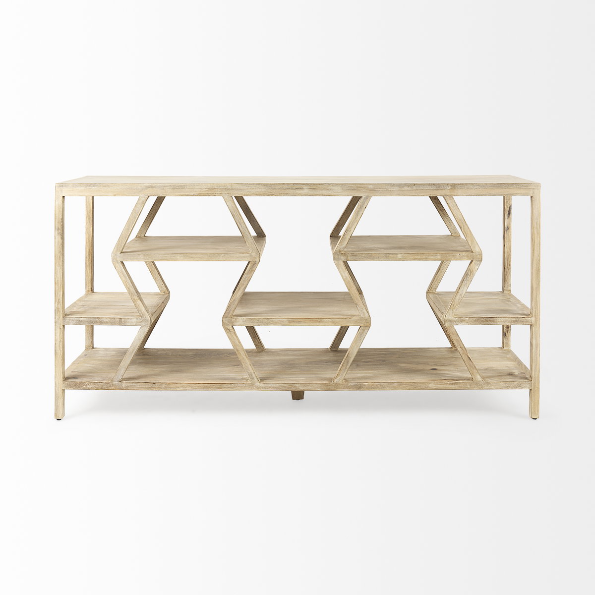 Dayton II 66L x 16W Natural Wooden Multi-Level Shelf Console Table, by Mercana, 66" length x 16" width x 32" height View 4