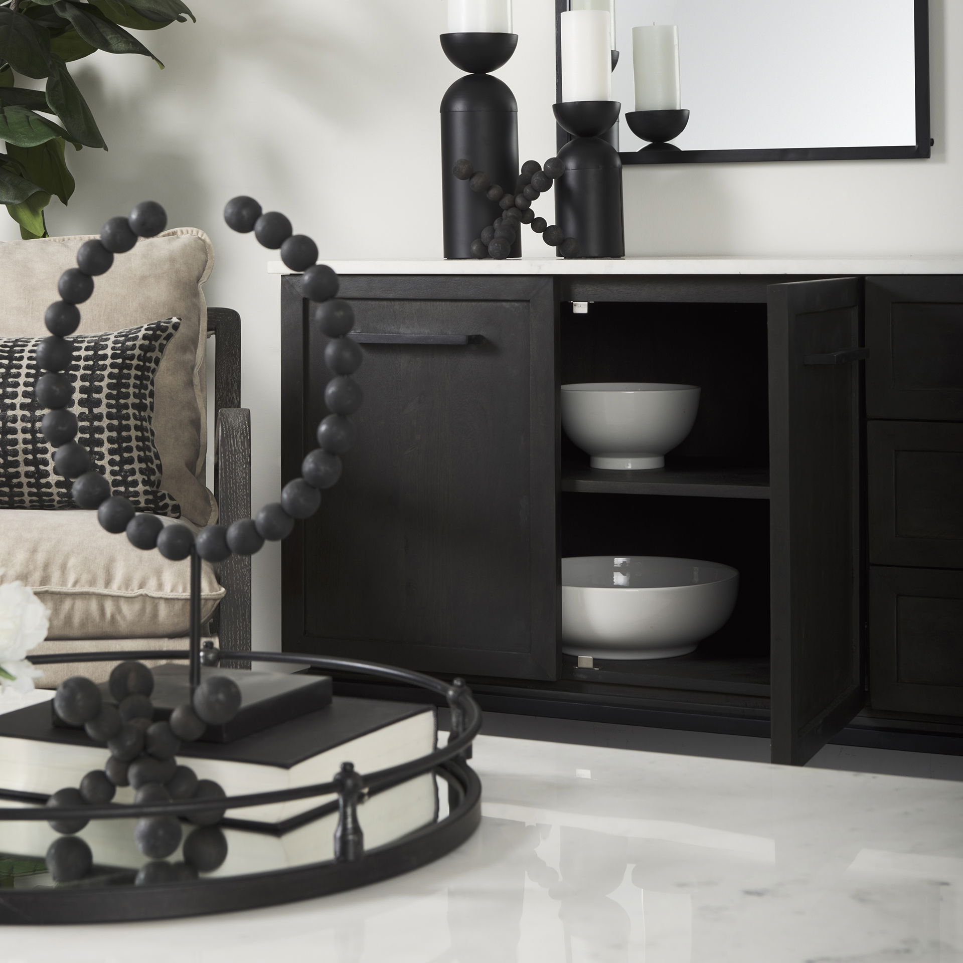 Divina Black-Brown Wood with White Marble Top and Black Metal Base Sideboard large image 
