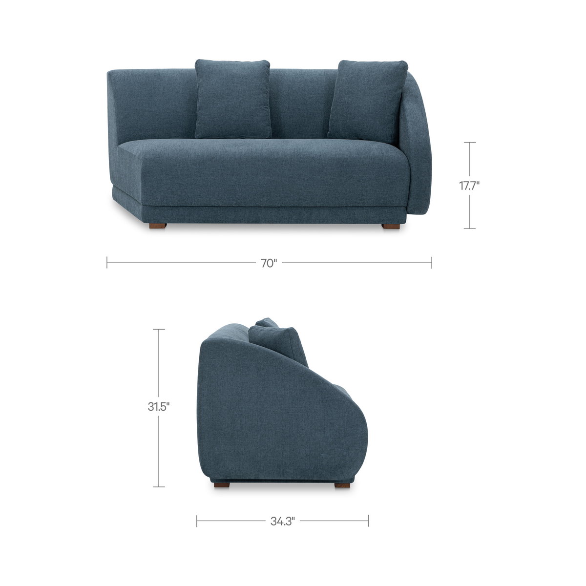 Fraser Right Arm Facing Sofa Deep Blue, Sectional Sofa by Moe's Home, 70" width x 31.5" height x 34.3" depth View 9