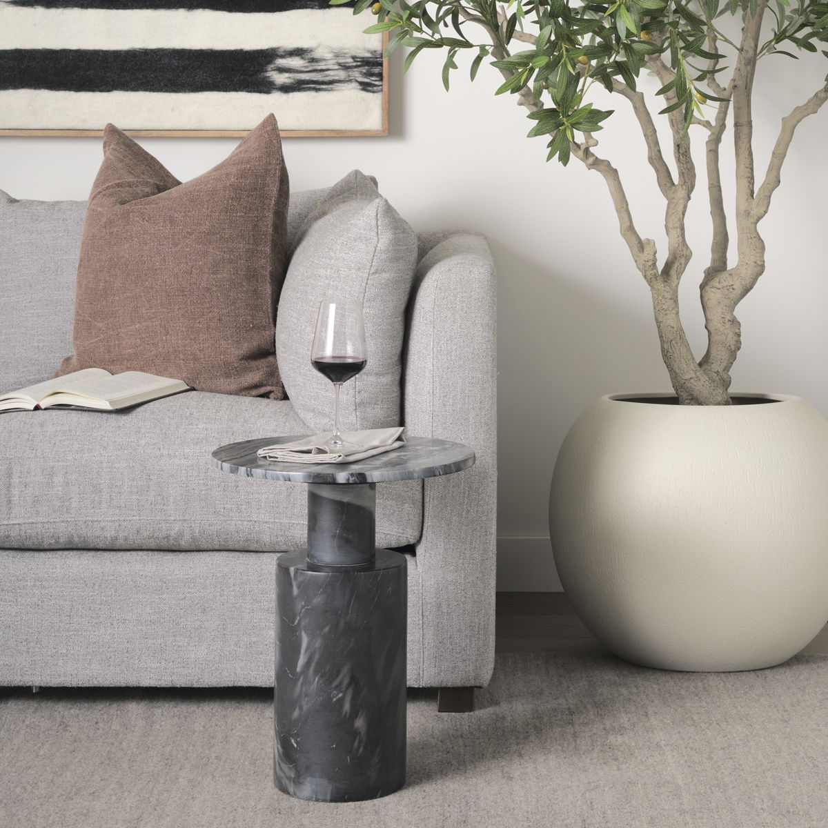 Taite Solid Dark Gray Marble Pedestal Accent Table, Side & End Table by Mercana, 16" length x 16" width x 20" height View 2