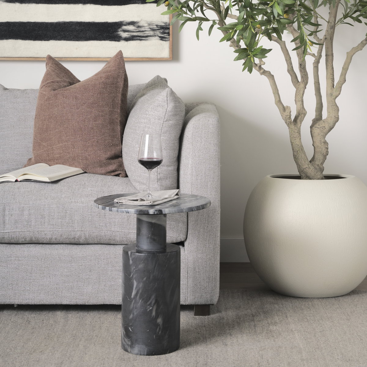 Taite Solid Dark Gray Marble Pedestal Accent Table, Side & End Table by Mercana, 16" length x 16" width x 20" height View 2