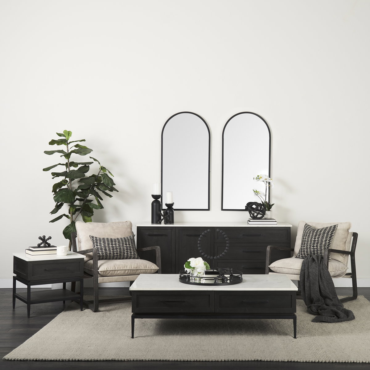 Divina Black-Brown Wood with White Marble Top and Black Metal Base 1 Drawer Side Table, Side & End Table by Mercana, 22" length x 22" width x 22" height View 2