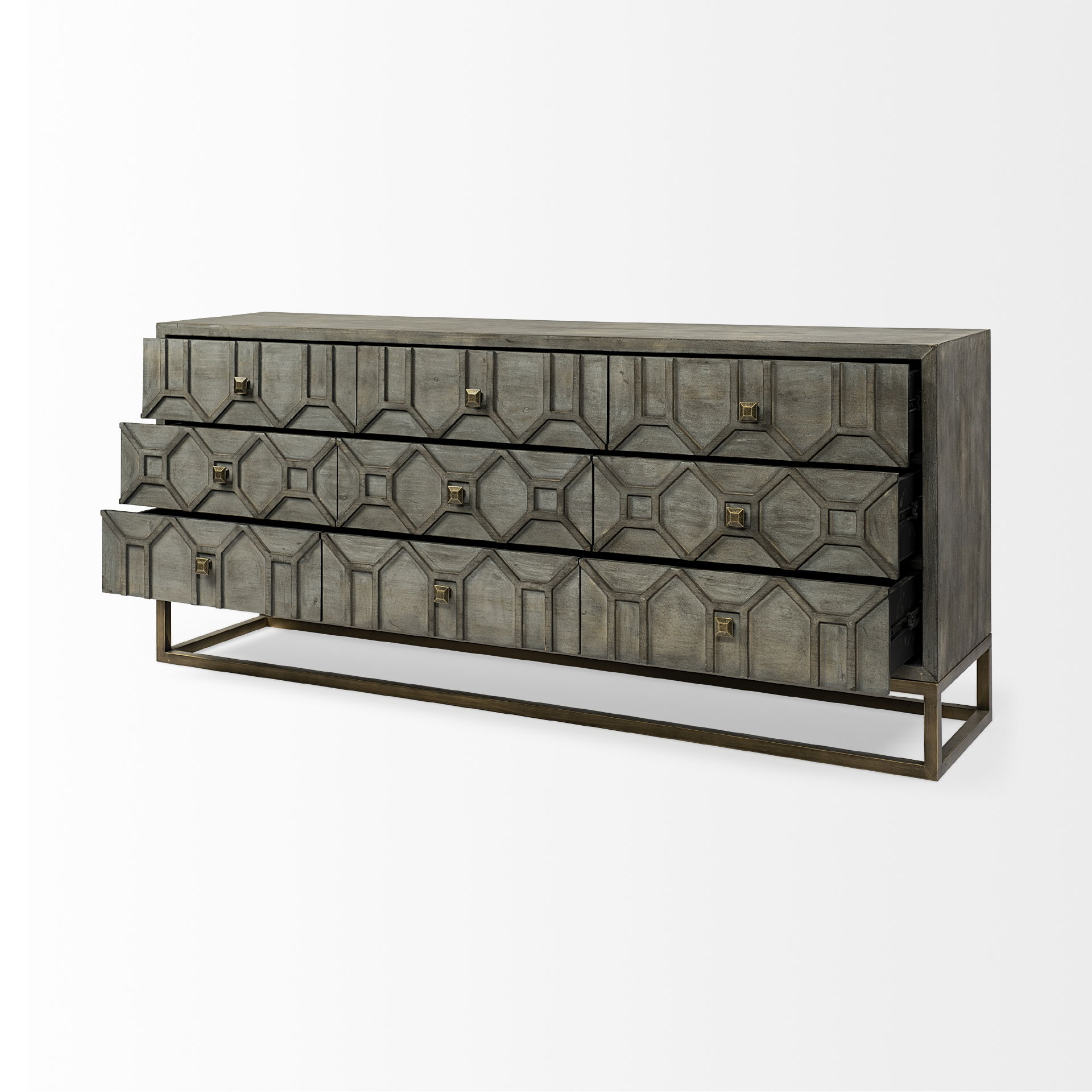 Genevieve II 70x15.8 Gray Fir Veneer with Gold Metal Frame Base 9 Drawer Sideboard, Sideboards & Buffet by Mercana, 70" length x 15.75" width x 31" height View 8