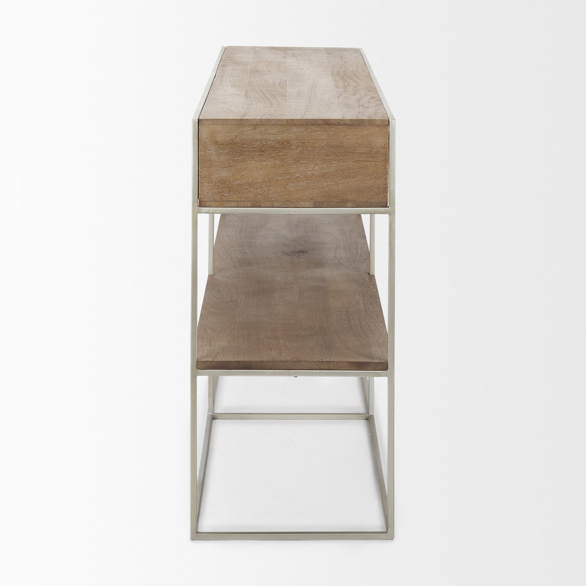 Morris I 63L x 15W x 31H Brown Wood with Silver Metal Frame 2 Drawer Console Table, by Mercana, 63" length x 15" width x 31" height View 5