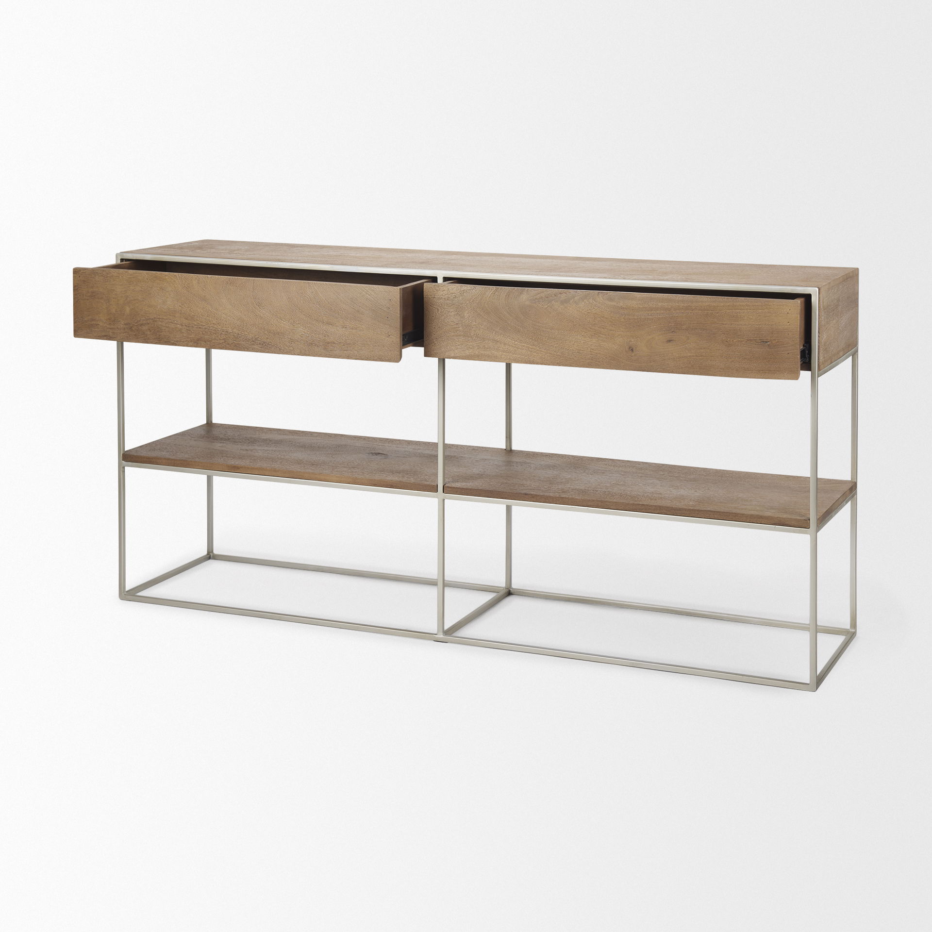 Morris I 63L x 15W x 31H Brown Wood with Silver Metal Frame 2 Drawer Console Table, by Mercana, 63" length x 15" width x 31" height View 8