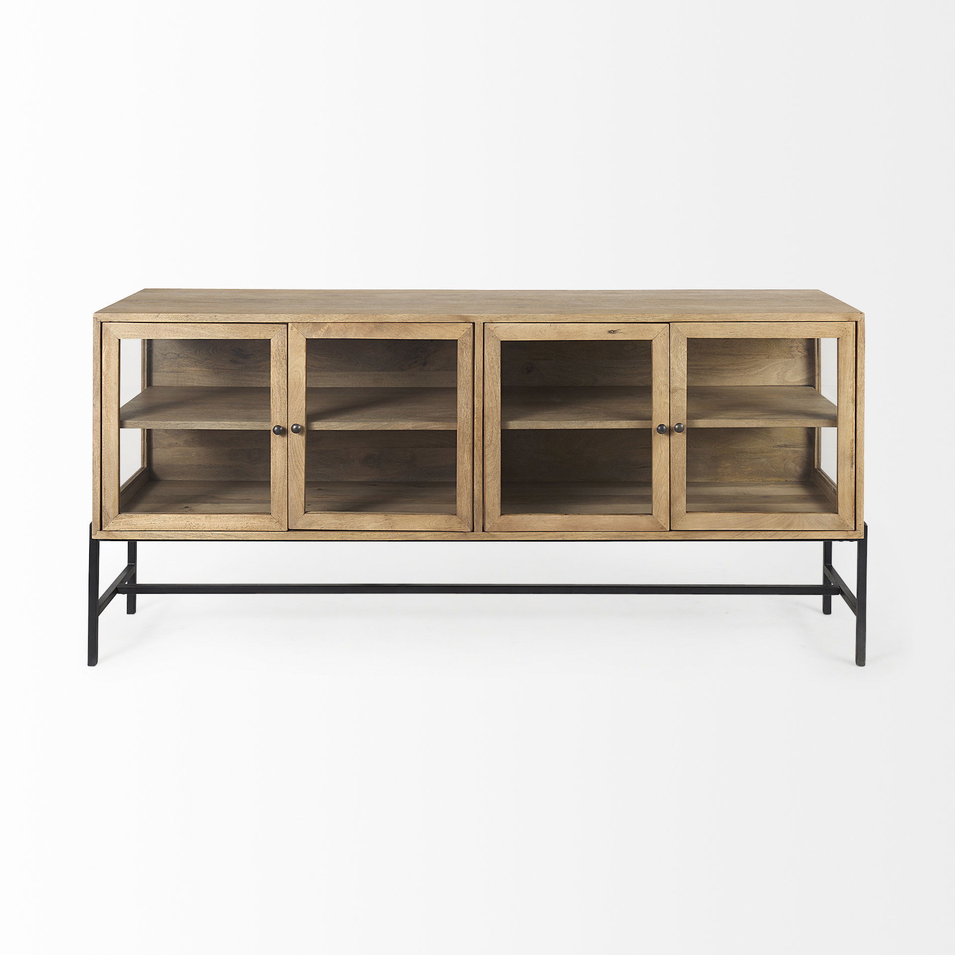 Arelius 70L x 18.75W x 32H Light Brown Wood, Black Metal Base with 4 Glass Cabinet Doors Sideboard, Sideboards & Buffet by Mercana, 70" length x 18.75" width x 32" height View 5