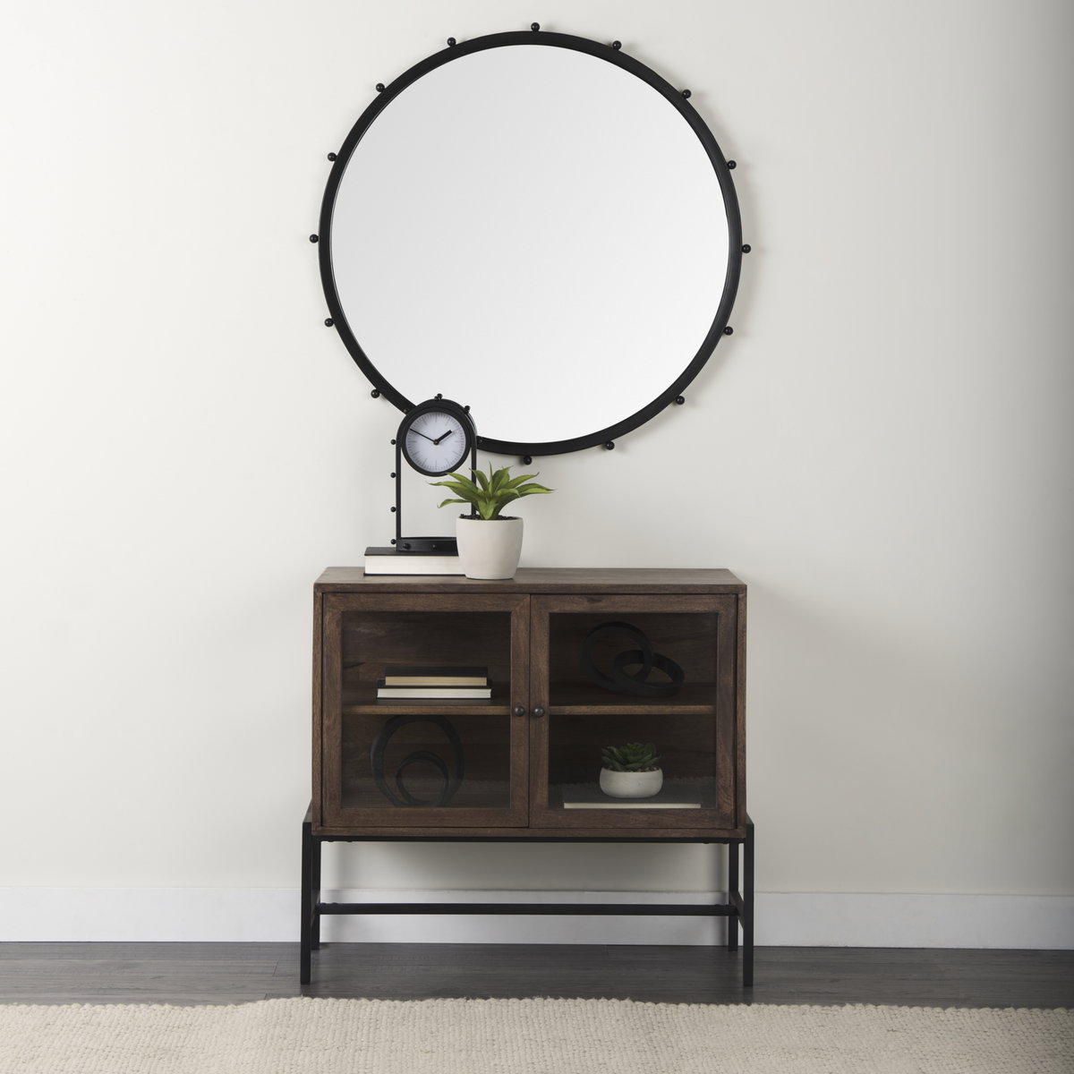 Arelius 36L x 18W x 32H Medium Brown Wood, Black Metal Base with 2 Glass Doors Accent Cabinet, Cabinets & Chest by Mercana, 36" length x 18.75" width x 32" height View 2