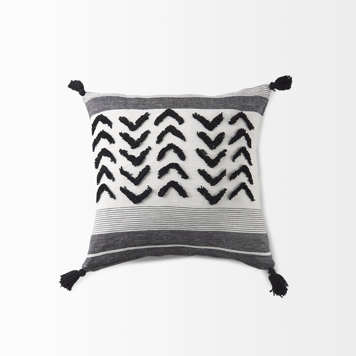 Kimia 20x20 White/Black Fabric Herringbone with Fringed Pillow Cover, Decorative Pillow by Mercana, 20" length x 20" width x 0.2" height View 8