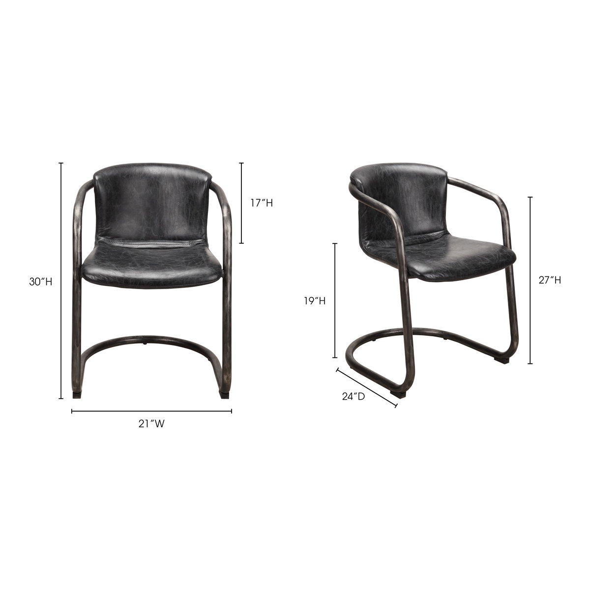 Freeman Dining Chair Onyx Black Leather - Set Of Two, by Moe's Home, 21" width x 30" height x 24" depth View 10