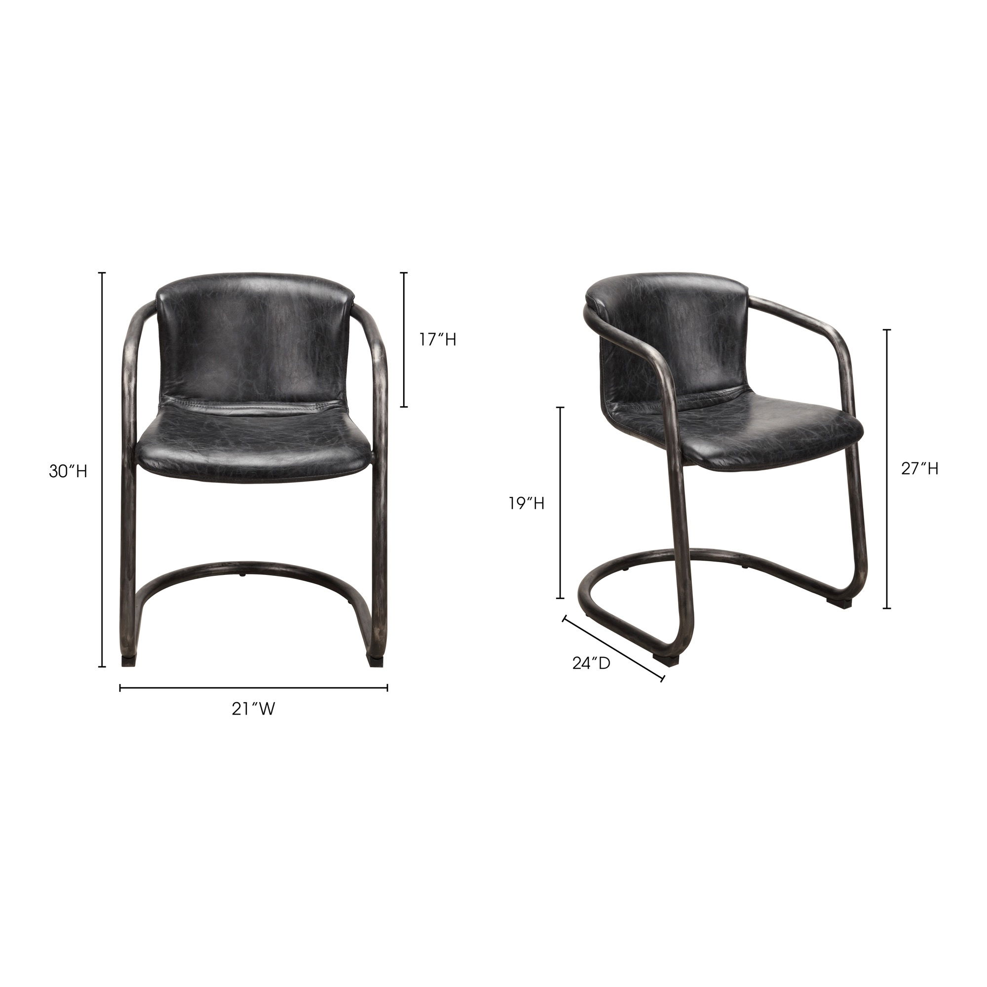 Freeman Dining Chair Onyx Black Leather - Set Of Two, by Moe's Home, 21" width x 30" height x 24" depth View 9