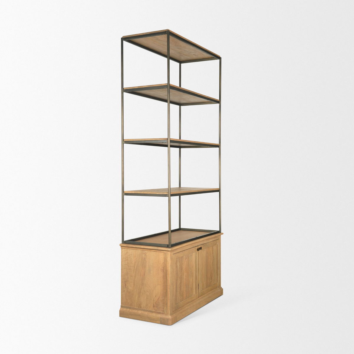 Baron Light Brown Wood with Gunmetal 2-Door Open Shelving Unit, Shelving & Bookcase by Mercana, 41.75" length x 19" width x 90" height View 7