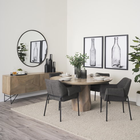 Brently Curved Back Dining Arm Chair | Gray Fabric with Metal