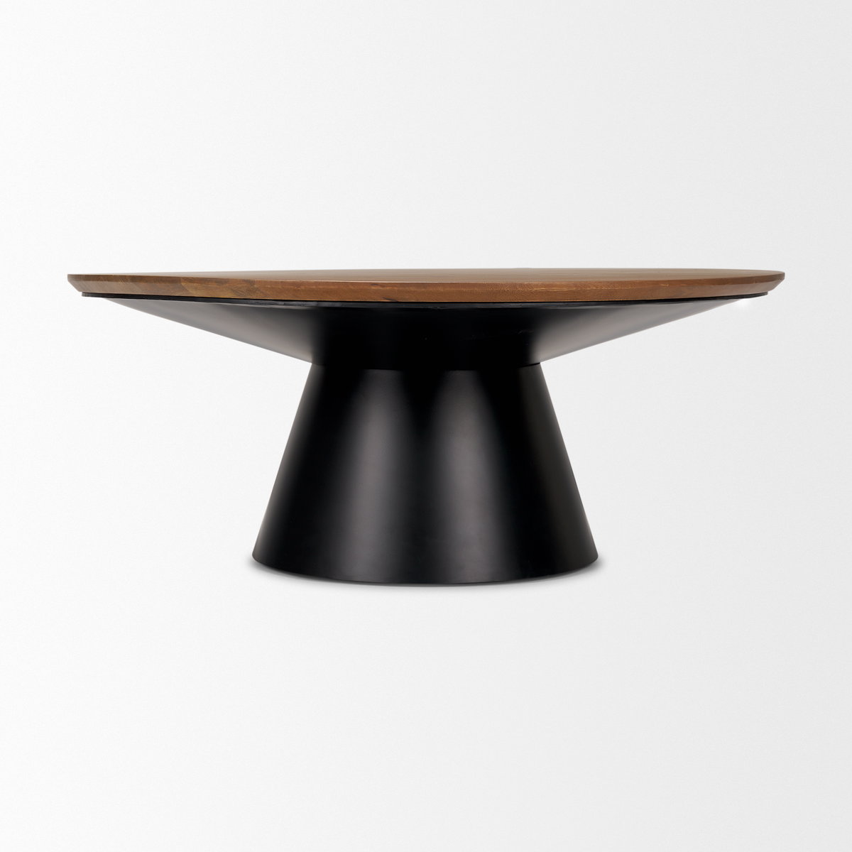 Mitchell 40.0L x 40.0W x 16.0H Black Metal Pedestal Base with Brown Wood Top Coffee Table, by Mercana, 40" length x 40" width x 16.5" height View 5