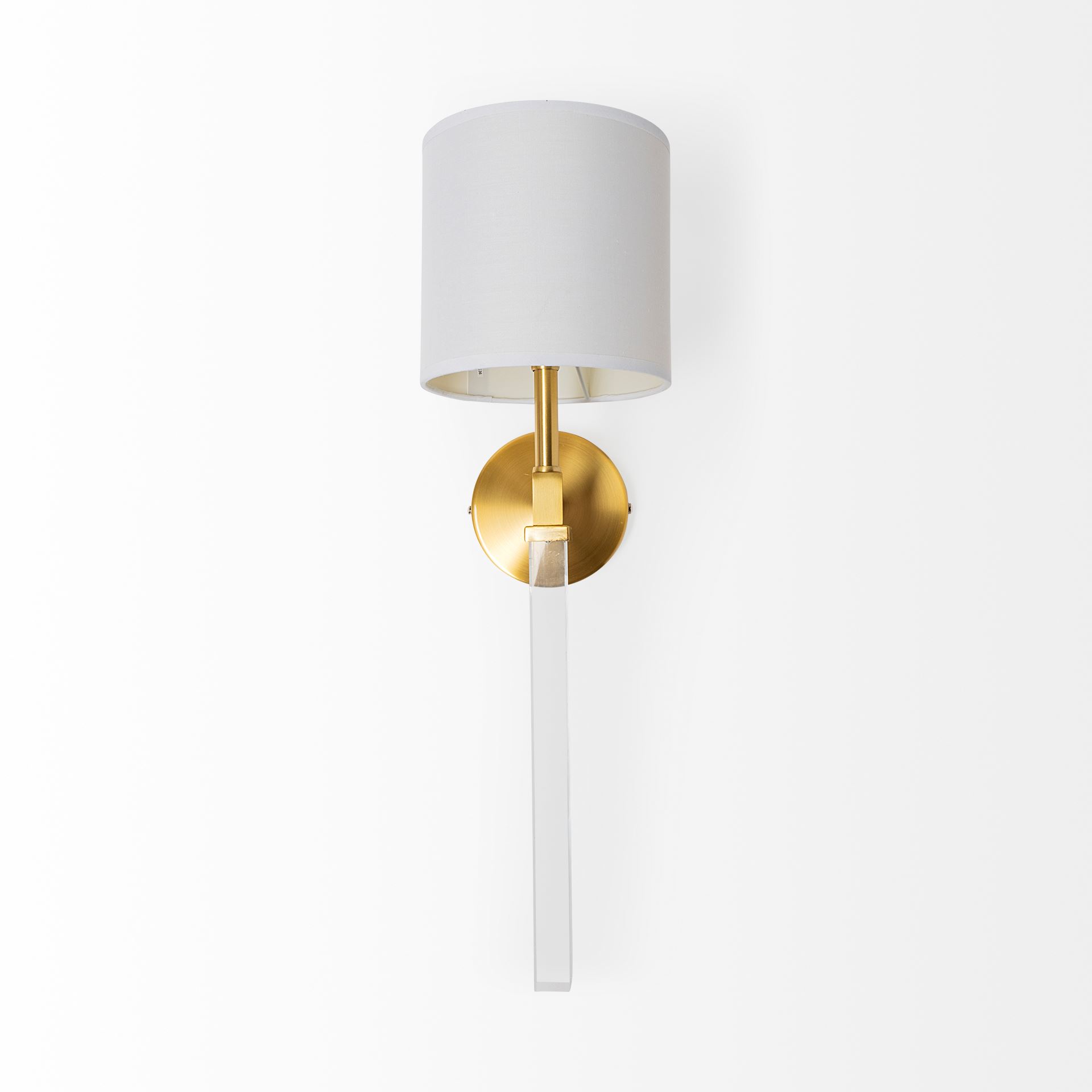 Santander II 6.5x22 Gold Metal and White Linen Shade Wall Sconce, by Mercana, 6.5" length x 8.75" width x 22" height View 3