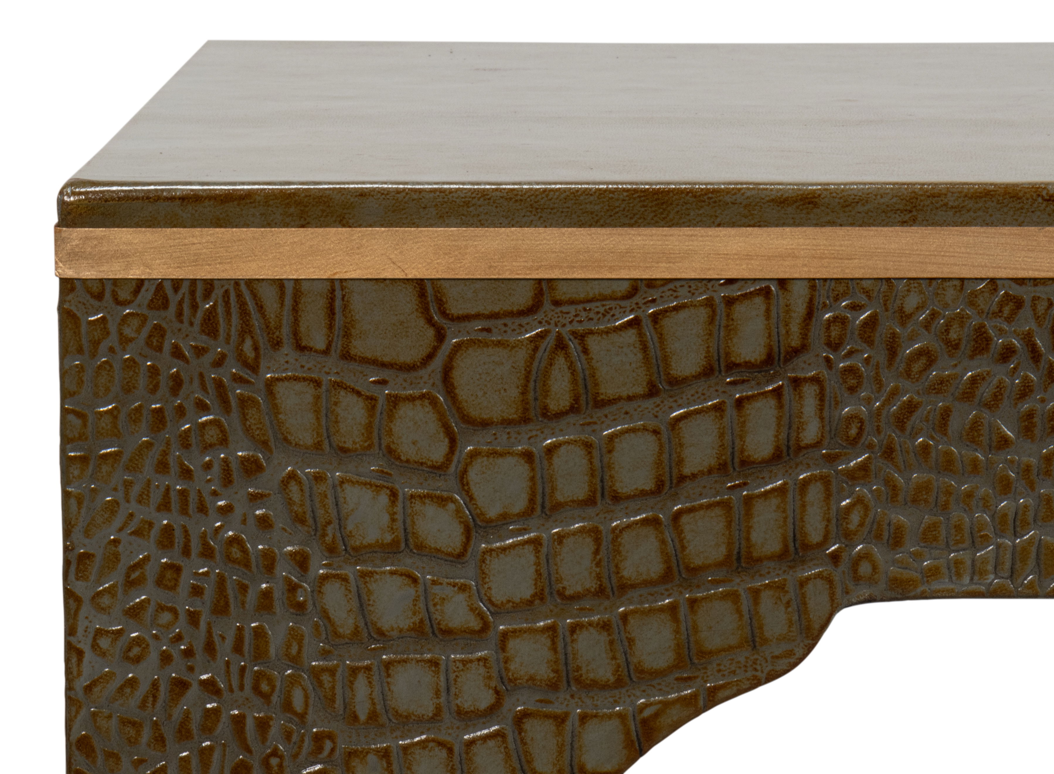 Croco Embossed Leather Stool, Ant. Green, Seating by Sarreid, 18" length x 18" width x 19.5" height View 6