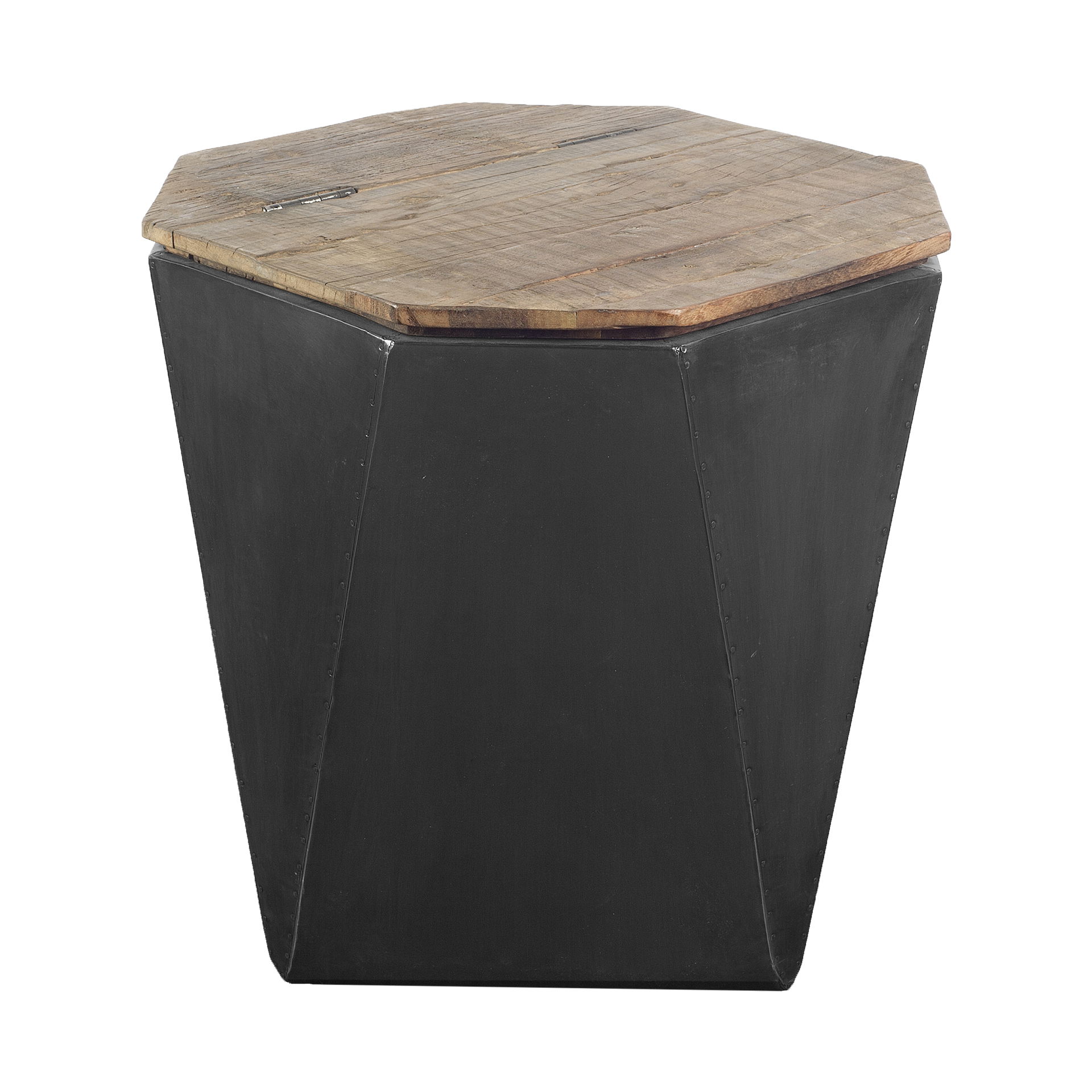Esagono Octagonal Black Metal-Clad Reclaimed Wood End/Side Table with Storage, Side & End Table by Mercana, 19" length x 19" width x 21" height View 1