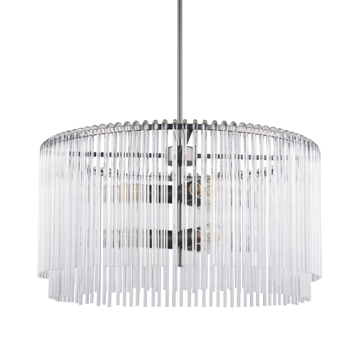 Anna (26'x14') Hanging Gun-Metal with Clear Glass Rods Six Bulb Chandelier, by Mercana, 26" length x 26" width x 14" height View 1