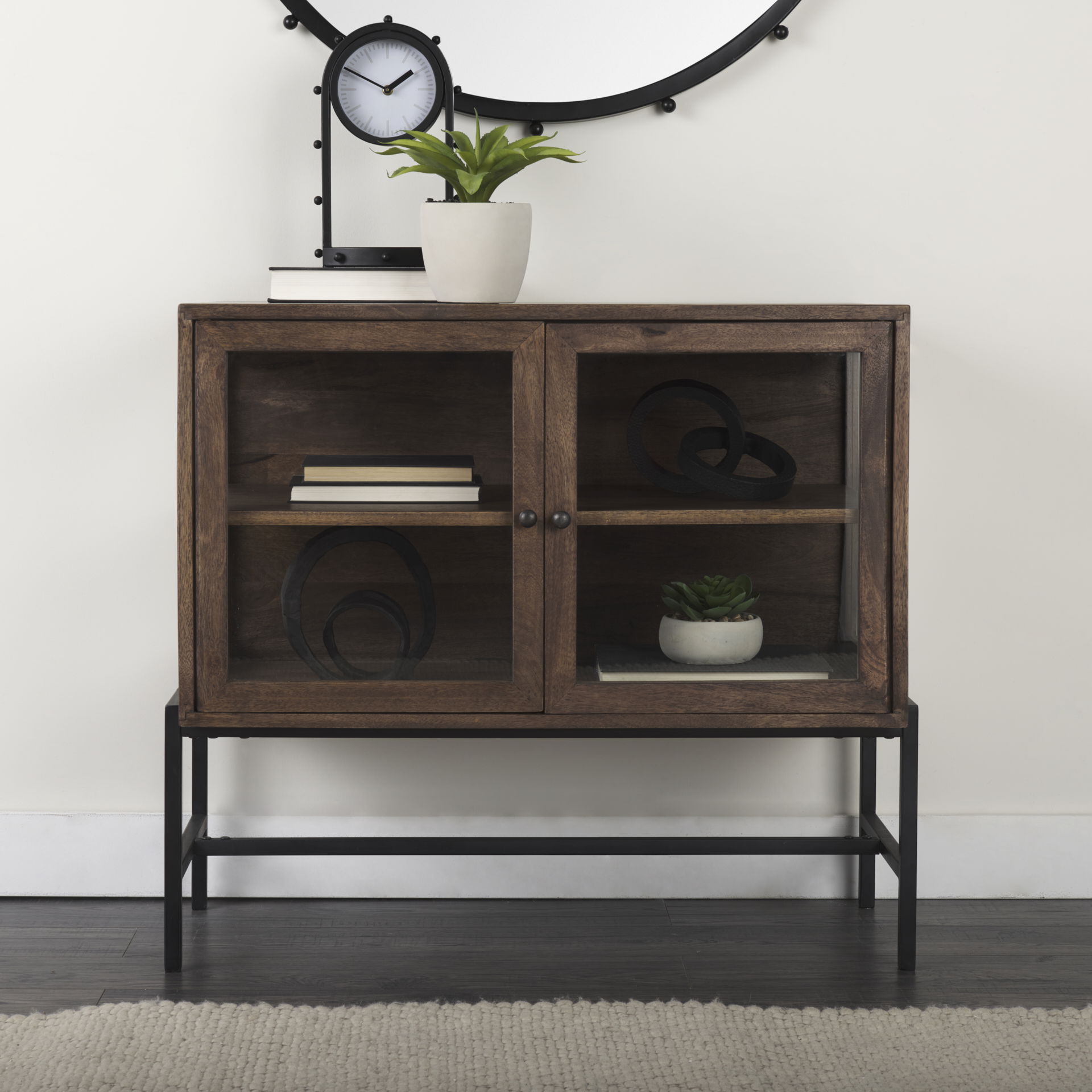 Arelius 36L x 18W x 32H Medium Brown Wood, Black Metal Base with 2 Glass Doors Accent Cabinet, Cabinets & Chest by Mercana, 36" length x 18.75" width x 32" height View 3