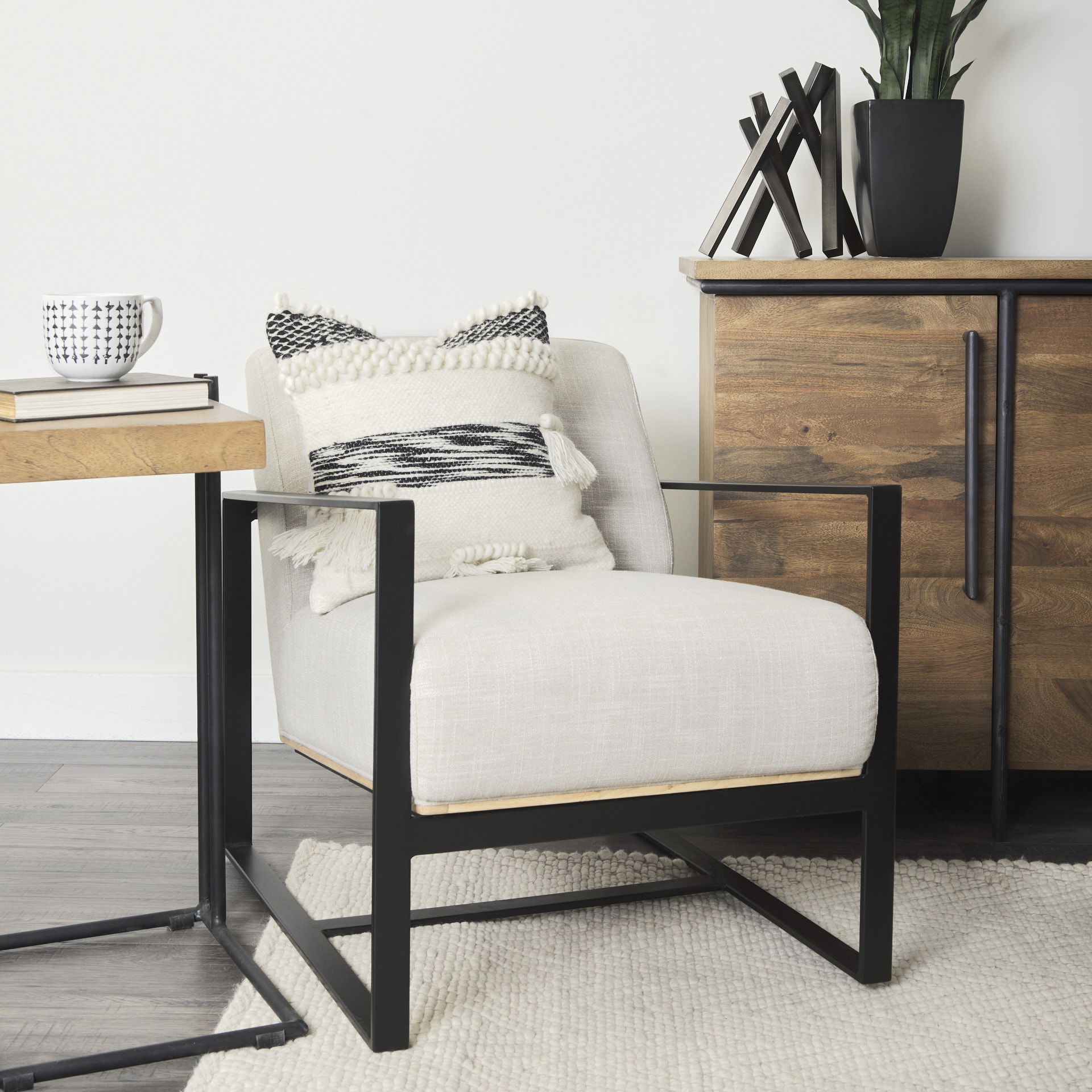 Stamford Light Beige Upholstered Seat with Wood Back, Metal Frame Accent Chair, by Mercana, 24.41" length x 31.89" width x 28.94" height View 2