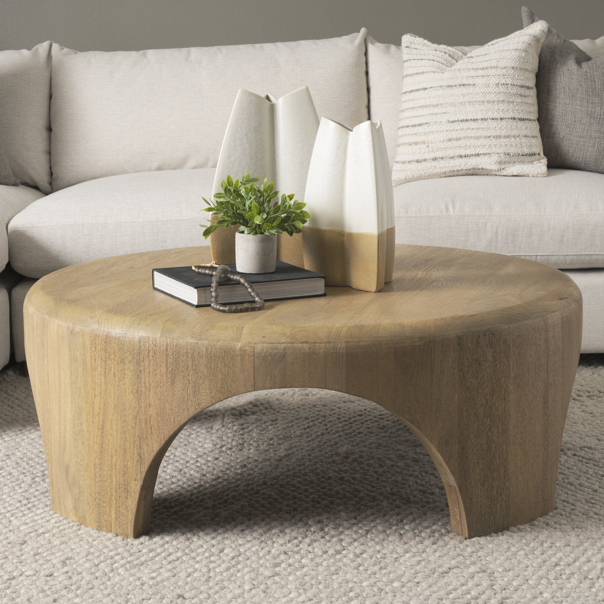 Shima Round Light Brown Wood with Arched Legs Coffee Table, by Mercana, 45" length x 45" width x 16" height View 2