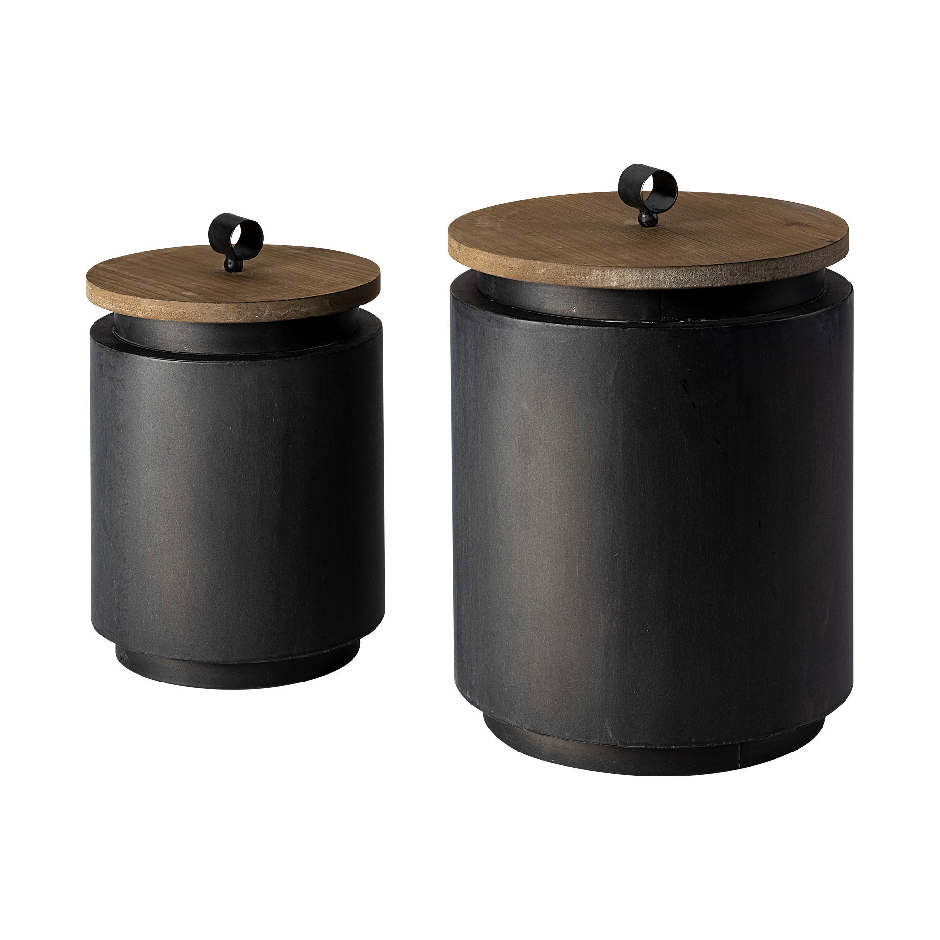 Cyril (Set of 2) Gray Metal with Brown Wood Lids Jars, Decorative Jar by Mercana, 9.06" length x 9.06" width x 12.8" height View 1