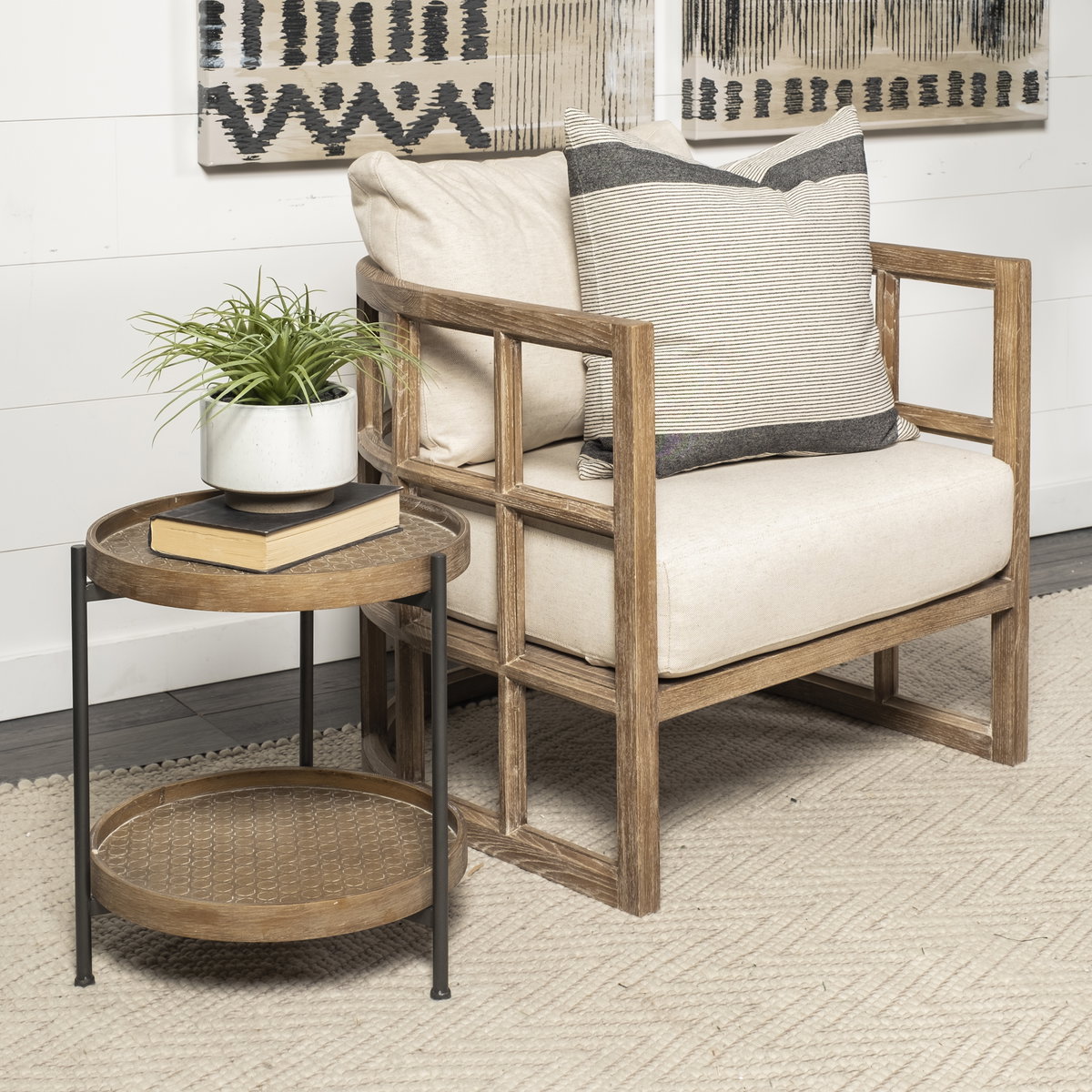 Skylar II Tan Fabric Covered Cushioned Demi-Lune Wooden Frame Accent Chair, by Mercana, 29" length x 29.75" width x 33.75" height View 2