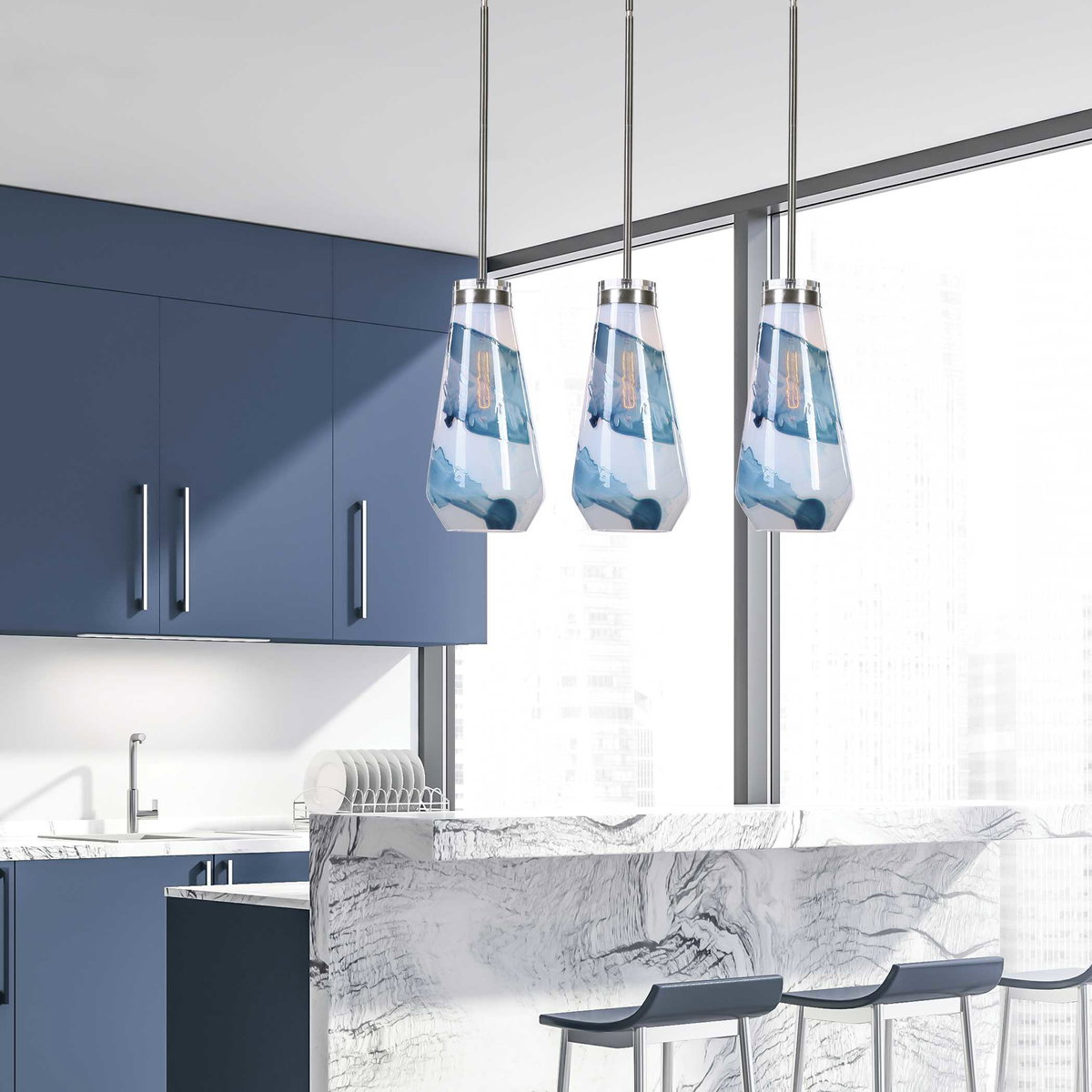 Windswept Blue & White 1 Light Mini Pendant, Mini Light Pendant by Uttermost, 8.25" width x 18" height x 8.25" diameter x 8.25" depth View 4
