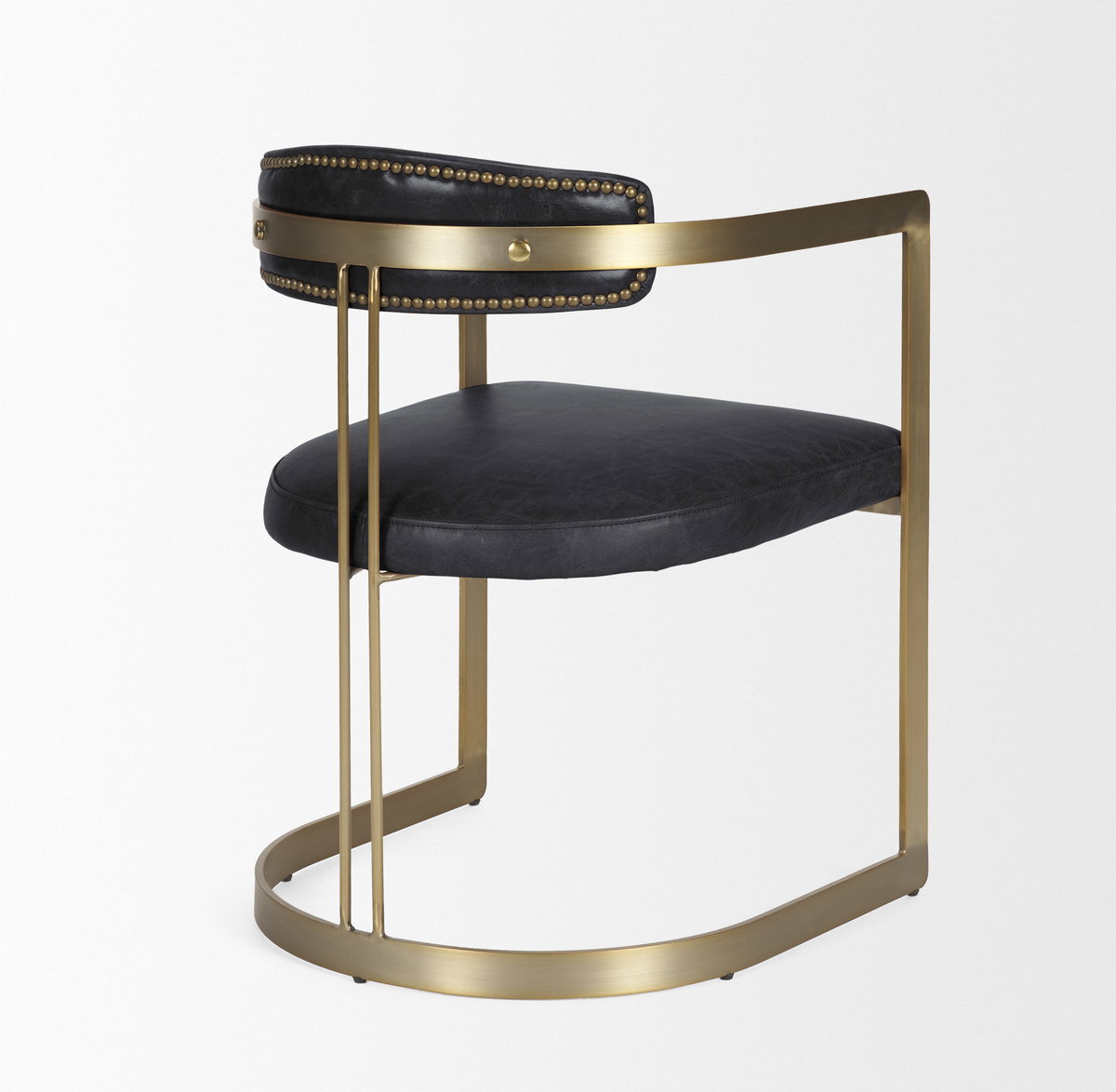 Hollyfield II Black Leather Seat Gold Iron Frame Dining Chair, by Mercana, 20.5" length x 21.5" width x 29.5" height View 8