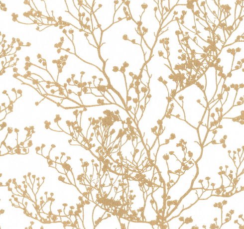 Budding Branch Silhouette White & Gold Wallpaper
