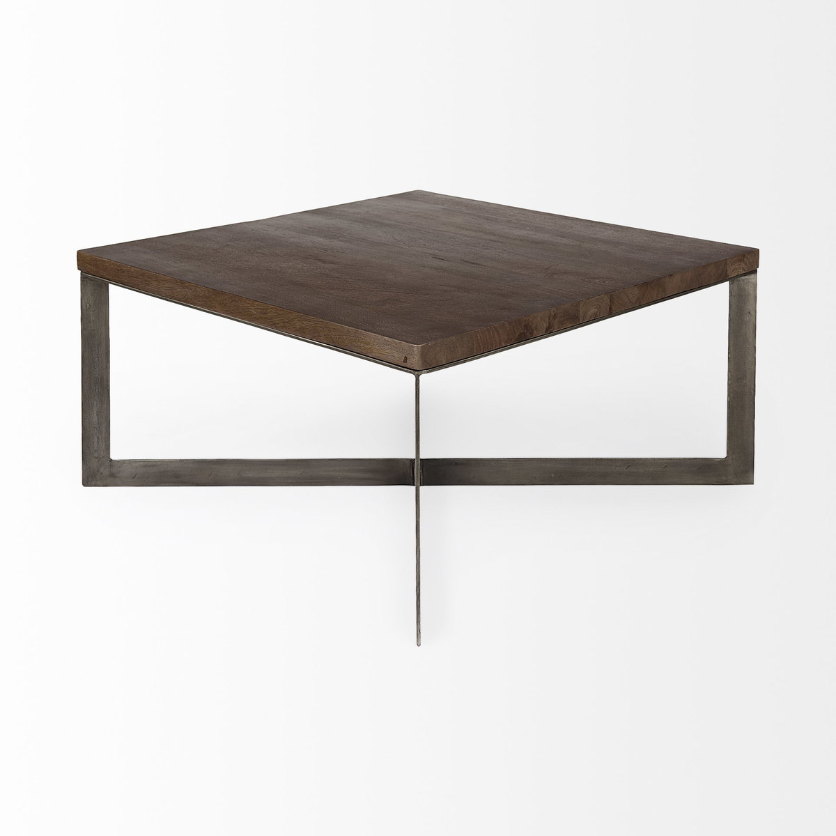 Faye 34L x 34W x 17H Medium Brown Wood with Antique Nickel Metal Base Square Coffee Table, by Mercana, 34" length x 34" width x 17" height View 5
