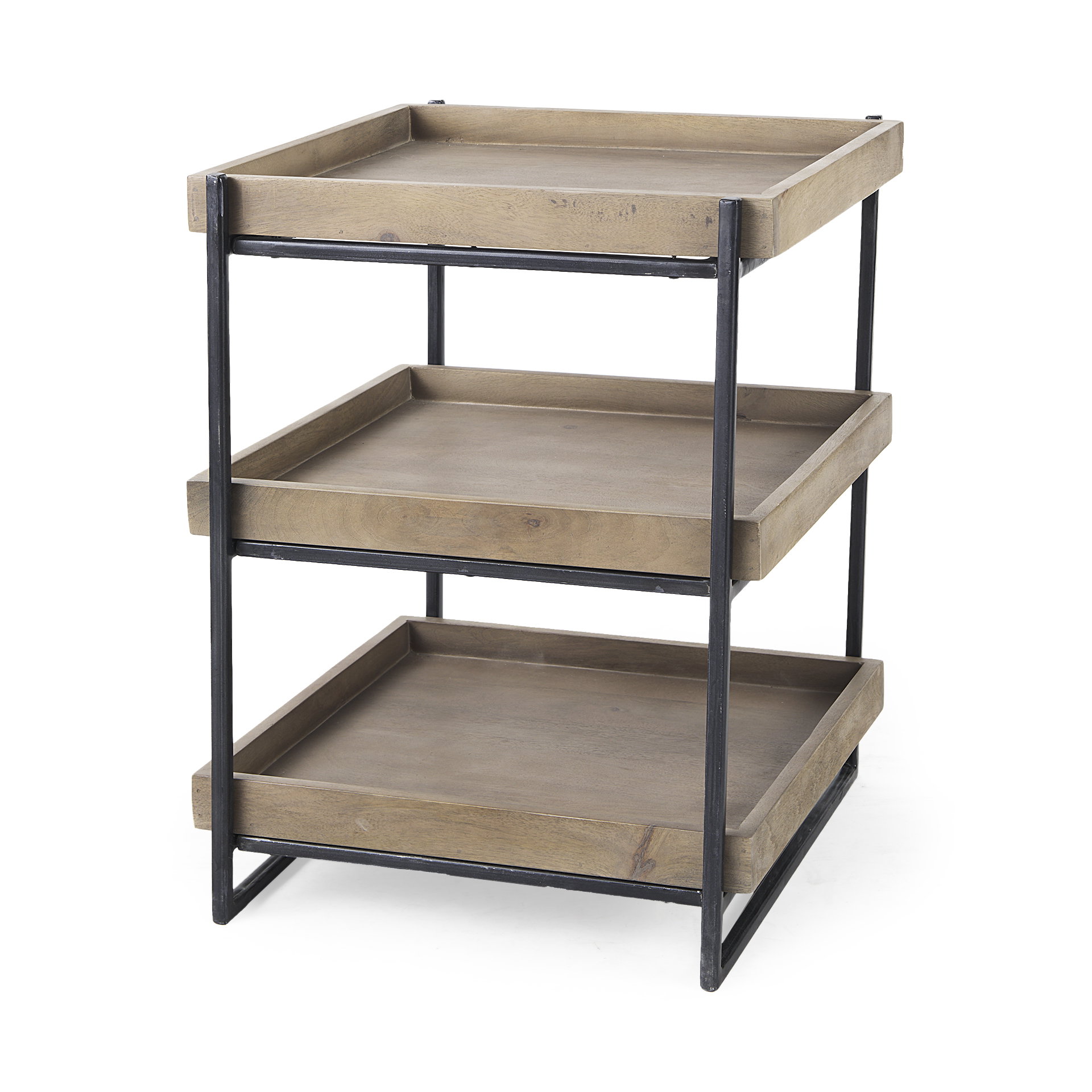 Trey III 20' x 26' Square Medium Brown Wooden Three-Tiered Black Iron Frame End/Side Table, Side & End Table by Mercana, 20" length x 20" width x 26" height View 1