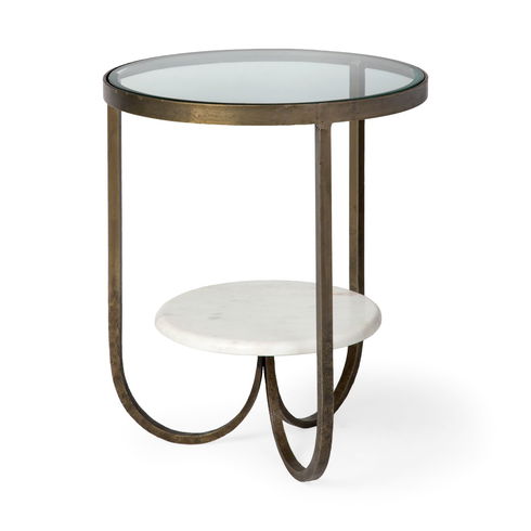 Reinhardt II 20" Round Glass Top Metal and Marble Detail End/Side Table