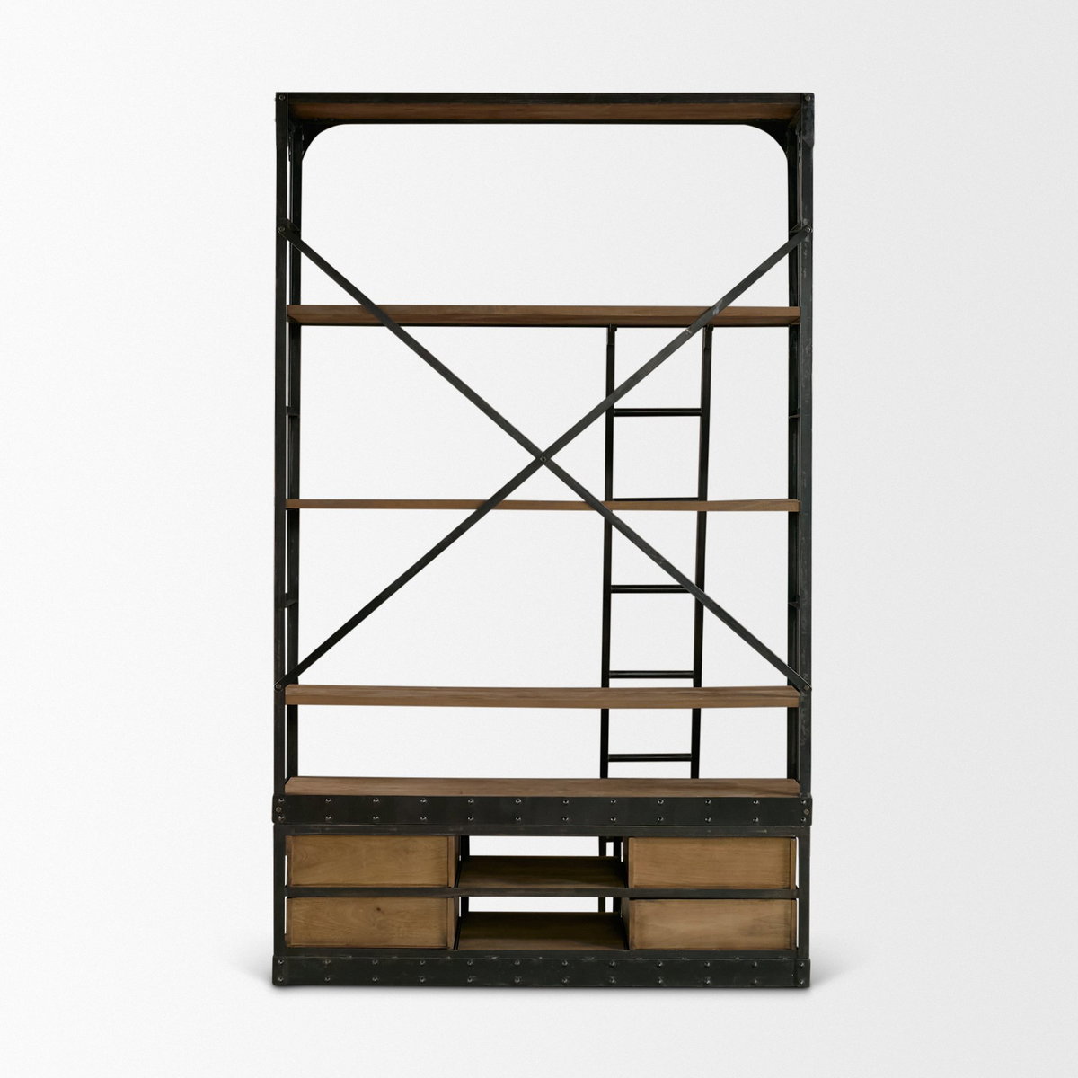 Brodie VIII 57L x 20.5W x 94H Brown Wood Gun-Metal Ladder Four Shelf Shelving Unit, Shelving & Bookcase by Mercana, 57" length x 20.5" width x 94" height View 10
