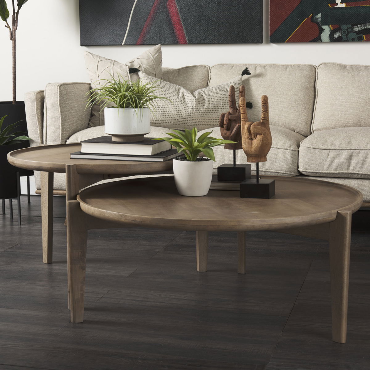 Cleaver (Set of 2) 40' & 31' Round Brown Solid Wood Nesting Coffee Tables, by Mercana, 39.5" length x 39.5" width x 16" height View 3