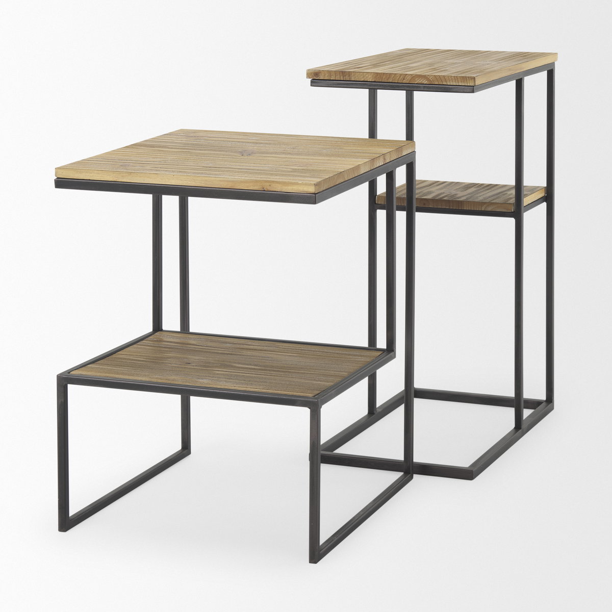 Ronin 22'H Square 2-Tier Wood with Black Metal Accent Table, Side & End Table by Mercana, 16.14" length x 16.14" width x 21.06" height View 11